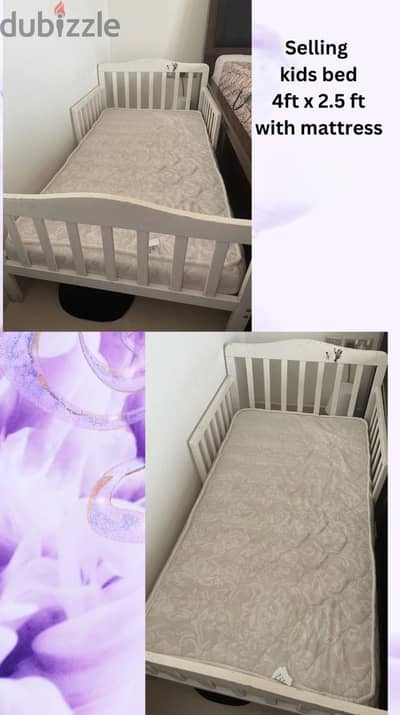 White kids bed with mattress -4 ft x 2.5 ft ( Good condition 12 bd)