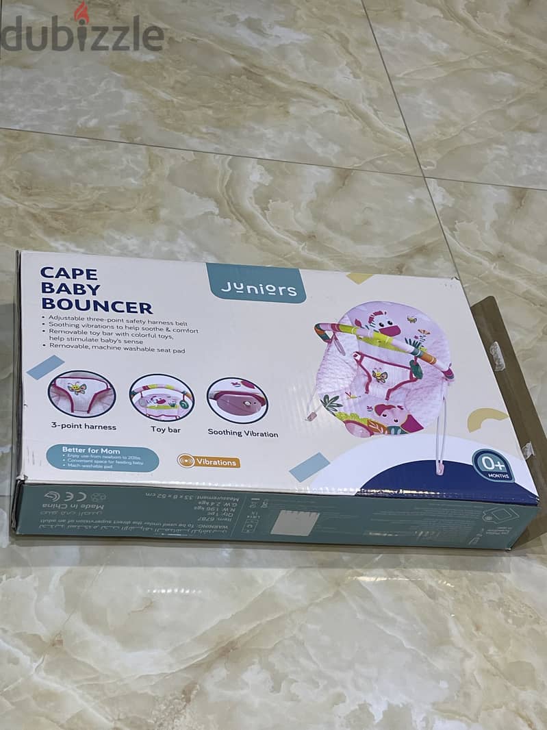 Juniors cape printed baby bouncer with toy bar 2