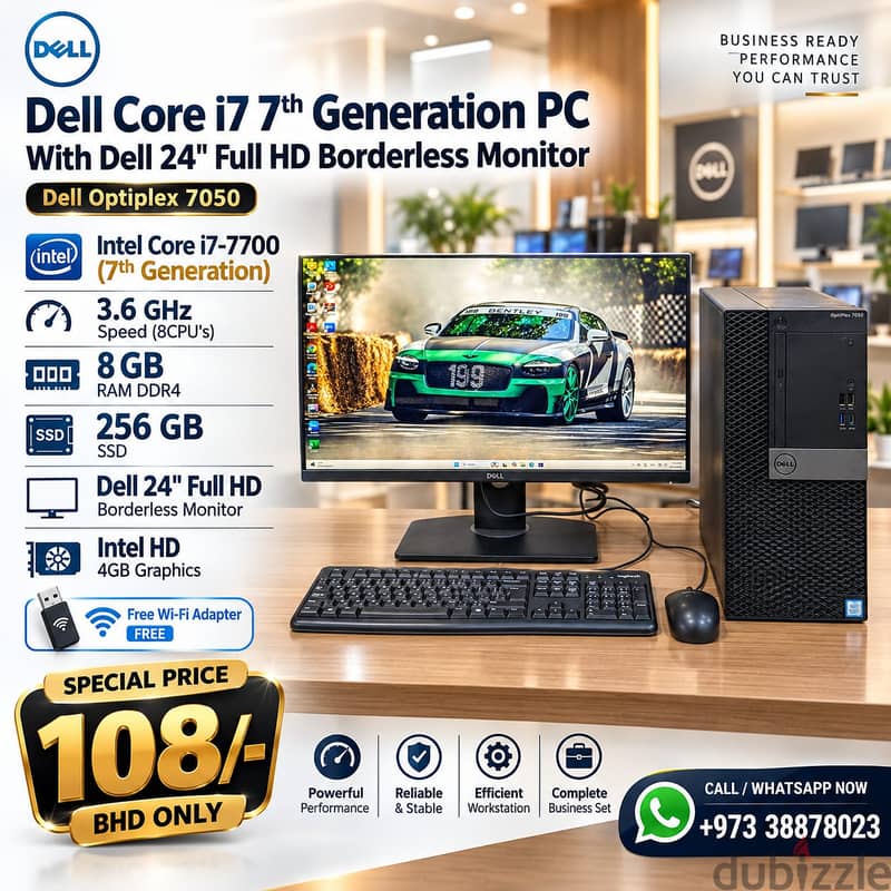Dell Core i7 7th Gen PC RAM 8GB SSD 256GB 24" FHD Borderless Monitor F 1