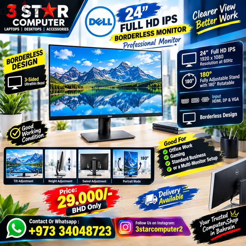 DELL 24" Full HD IPS Borderless Professional Monitor adjustable stand 2