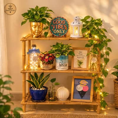 cofmy corner setup with stand n accessories n beautiful plants