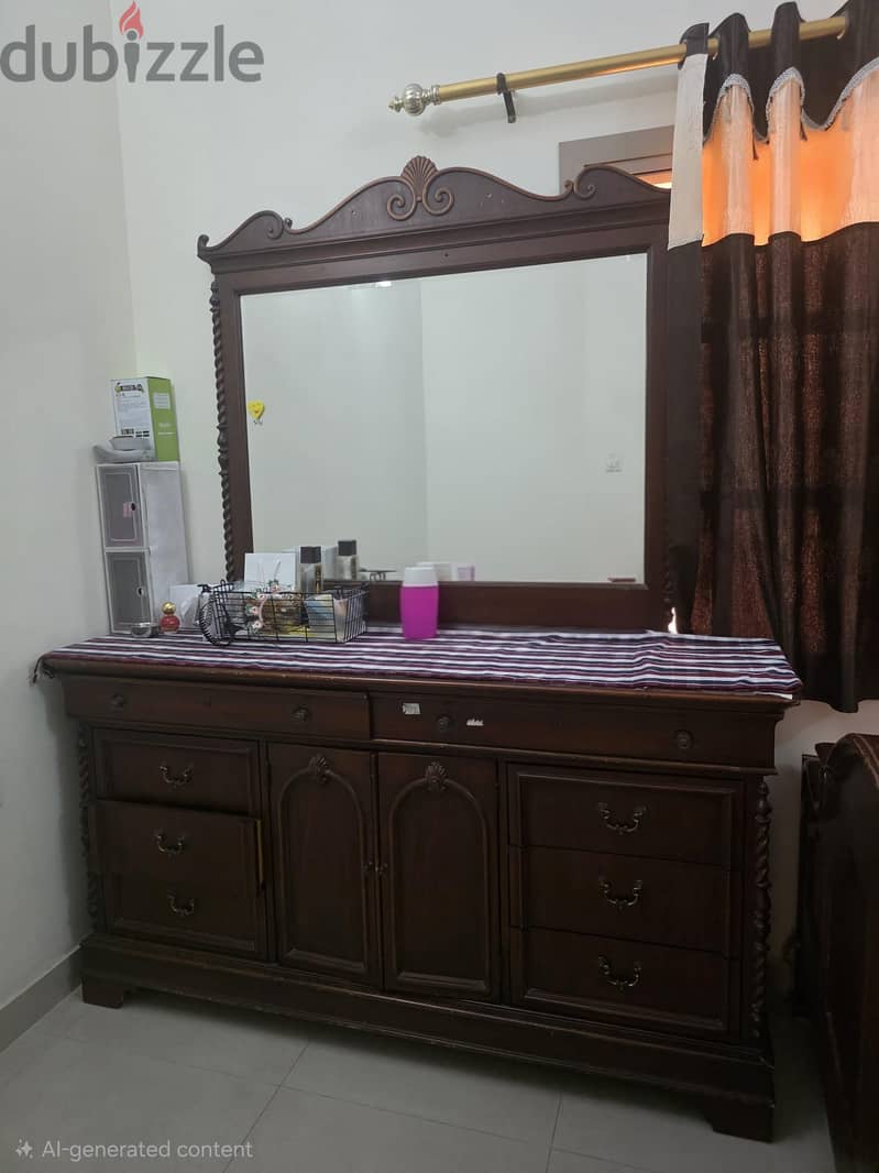 wood furniture with 1 bed, 2 side tables,1 Dressing table and 3 doors 3