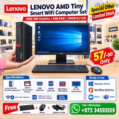 LENOVO Tiny Smart WiFi Computer Set 19" HD Monitor AMD Graphics Card