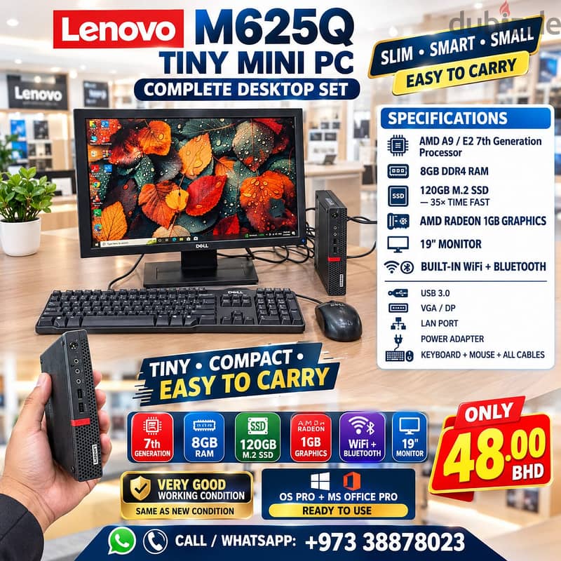 Lenovo Tiny PC AMD 7th Gen RAM 8GB M. 2 SSD 1GB Graphics 19" Mon Built- 1