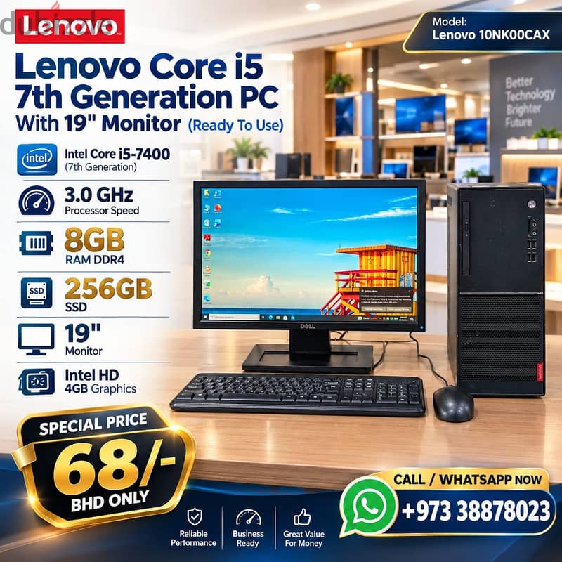 Lenovo Core i5 7th Gen 3.0Ghz 8GB RAM 256GB SSD 19" Monitor Computer S 1