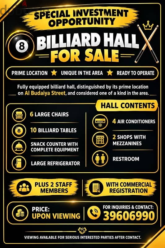 Billiarad Hall for sale in excellent area 1