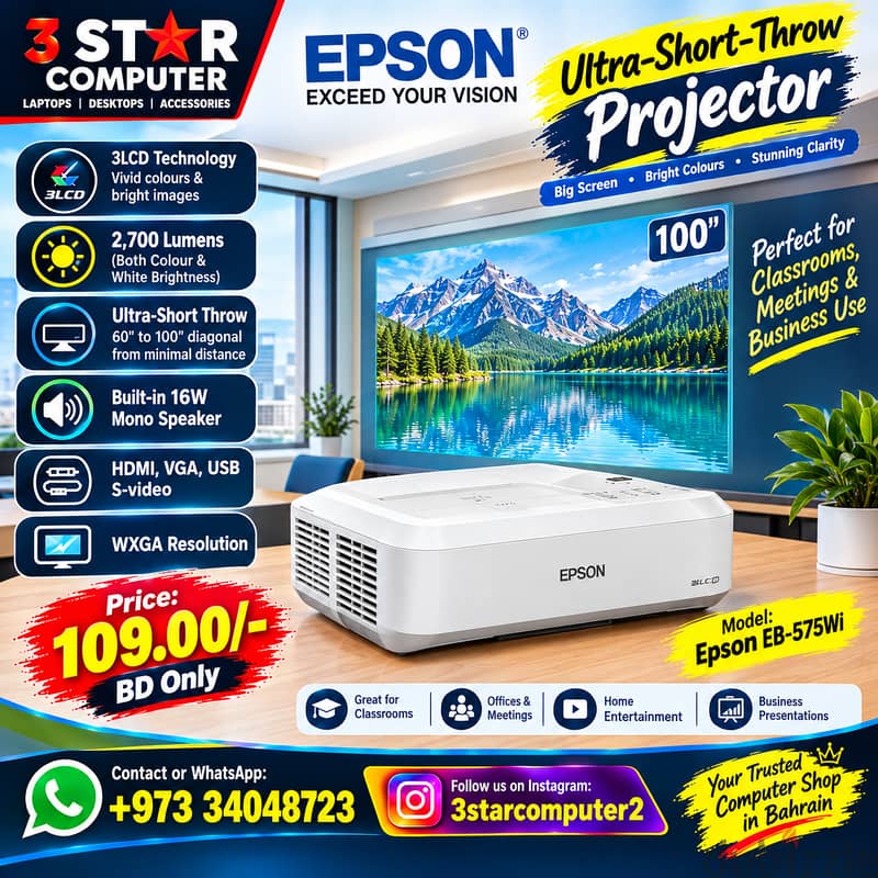 Epson Projector 2,700 lumens bright images,even in daylight upto 100" 2