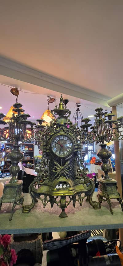 antique Italian Baroque-style brass/bronze mantle clock garniture set
