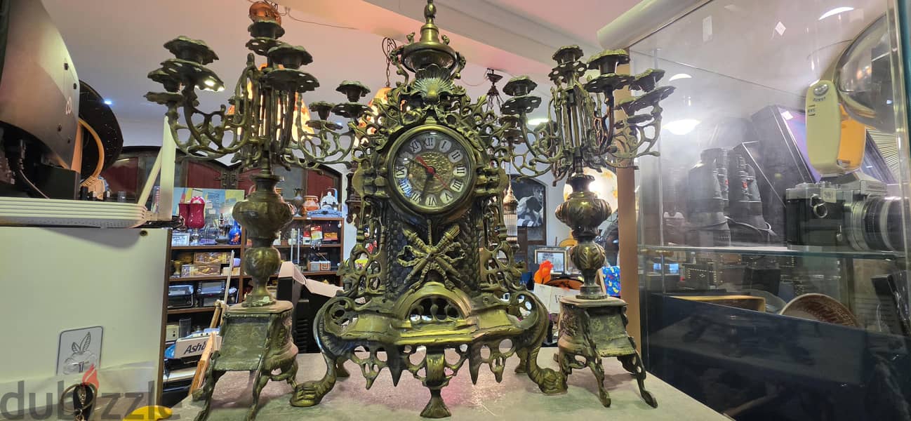 antique Italian Baroque-style brass/bronze mantle clock garniture set 1