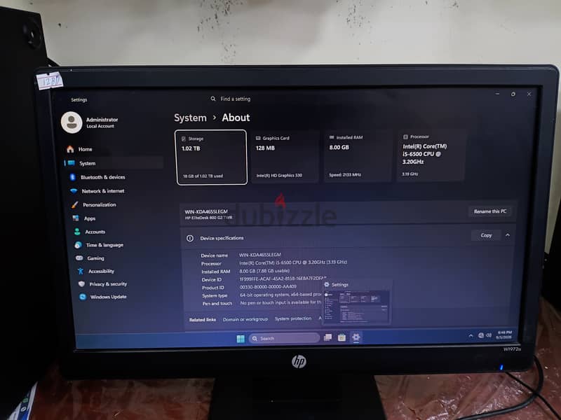 HP computer  Core i5 6th Gen DDR4 8GB/120 SSD HDD 19’’ Inch HD 3
