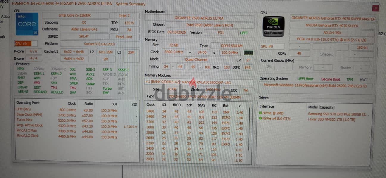 Gaming PC  Intel I5 12600k. RTX4070 super. 32GB DDR5 NVMe 1.5TB 13