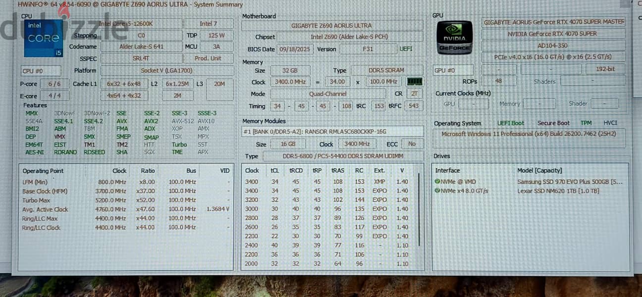 Gaming PC  Intel I5 12600k. RTX4070 super. 32GB DDR5 NVMe 1.5TB 14