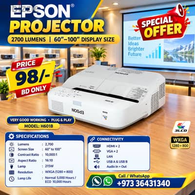 Epson DLP Projector 100" Screen Size Lumens 2,700 - Very Good Working
