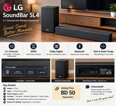 LG SL4 Soundbar 300W with Wireless Subwoofer – Excellent Condition