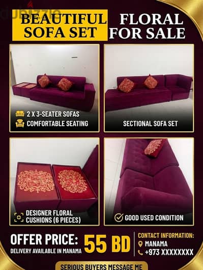 URJENT SELL Maroon Sofa Set for Sale – 3 Seater + Corner + Side Tables
