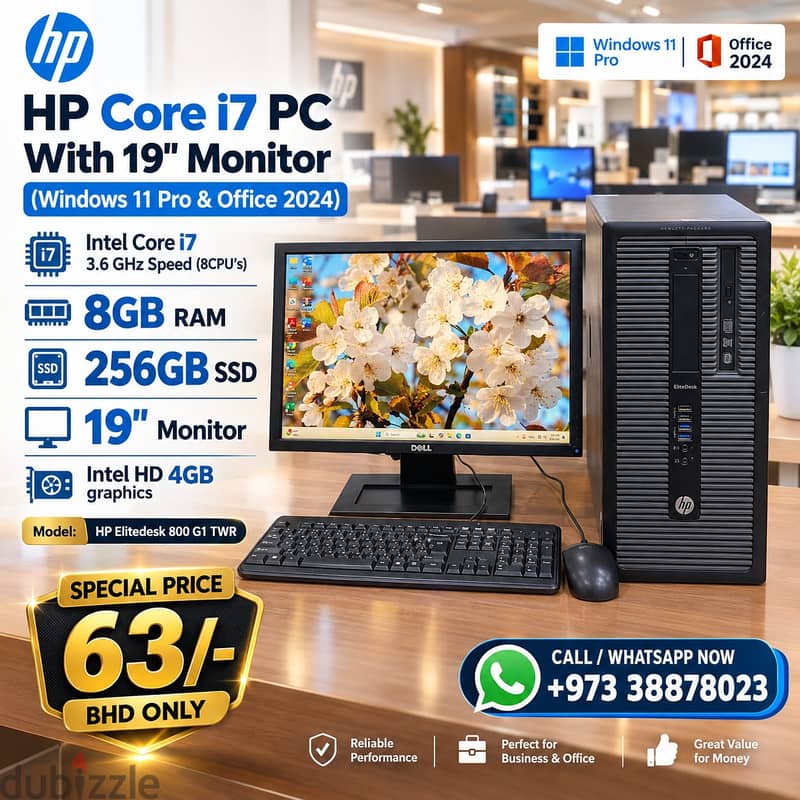 HP Core i7 3.60Ghz PC 8GB RAM 256GB SSD 19" Monitor OS 11 Pro & Office 1