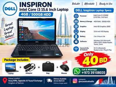 DELL Inspiron Intel Core i3 15.6 Inch Laptop 4GB/500GB HDD 40 BD