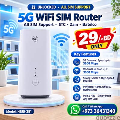 5G WiFi SIM Router - Unlocked  All Sim Support - STC - Zain - Batelco