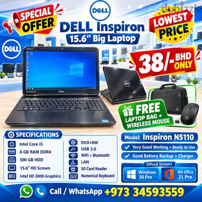 DELL Inspiron Core i3 Laptop 15.6" HD Screen 6GB RAM 500GB Hard Drive