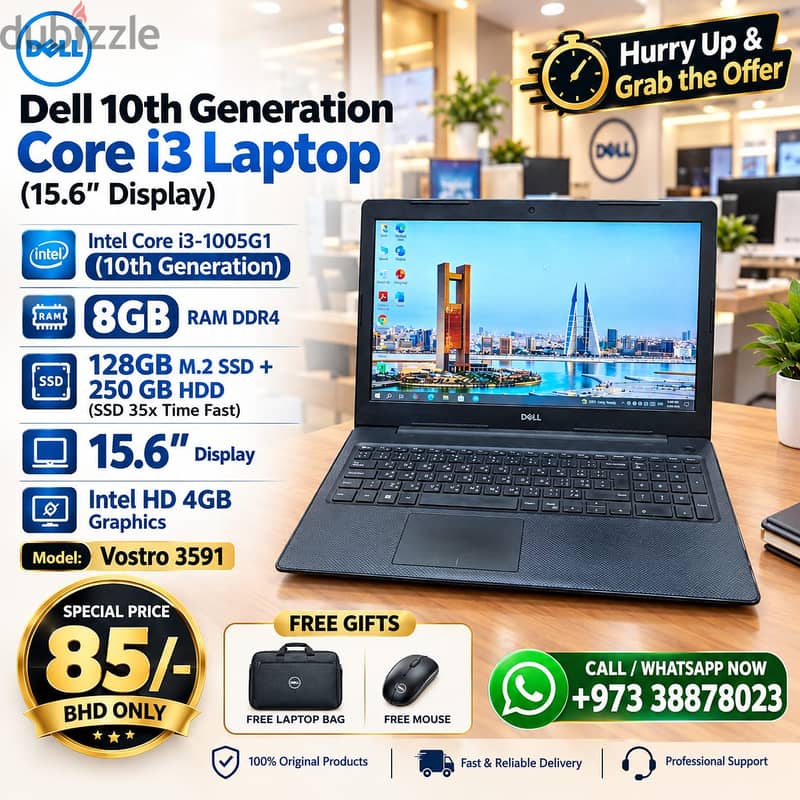 DELL 10th Gen Core i3 Laptop 8GB DDR4 RAM 128GB M. 2 SSD + 250GB HDD 15 1