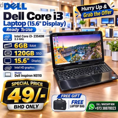 Dell Laptop Core i3 6GB RAM 120GB SSD 15.6"Display Window,Office Ready