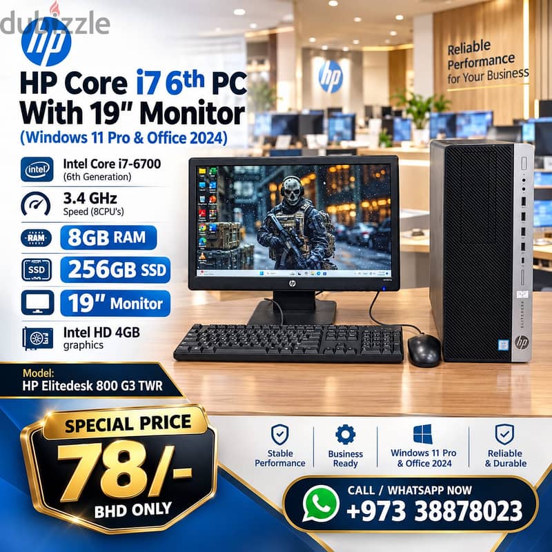 HP Core i7 6th Gen PC RAM 8GB SSD 256GB 19" Monitor Win 11 & Office 20 1