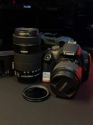 Canon2000d+2lenses 55-250mm+nd filter and camera accessories