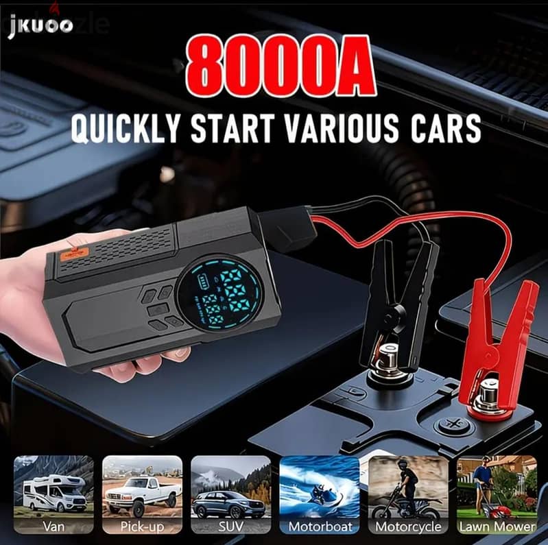 Jump Starter + Tire Compressor + Power Bank, Car Battery Booster 2