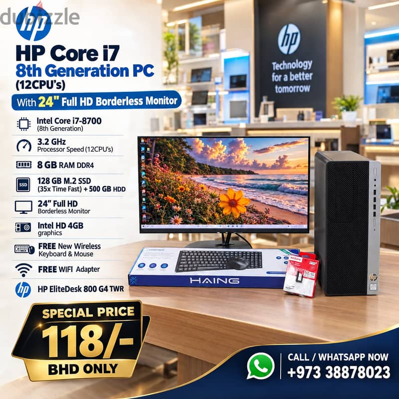 HP i7 8th Gen PC (12CPUs) RAM 8GB SSD 128GB M. 2+500GB HDD 24"  Monitor 1