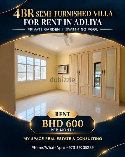 4BR Semi-Furnished Villa for Rent in Adliya | Private Garden | Swimmin