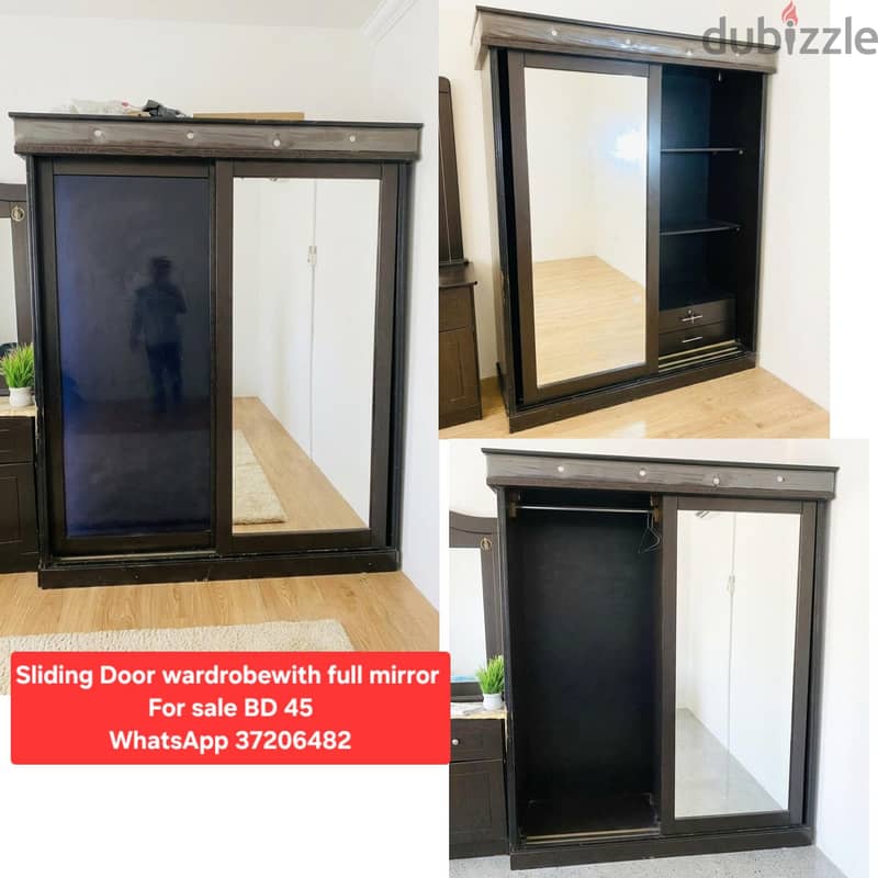 Queen size bed with mattress + 3 door wardrobe & other items for sale 1