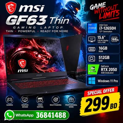 MSI GF63 Thn Core i7 Gaming Laptop 16GB RAM 512GB SSD RTX 4GB/36841488
