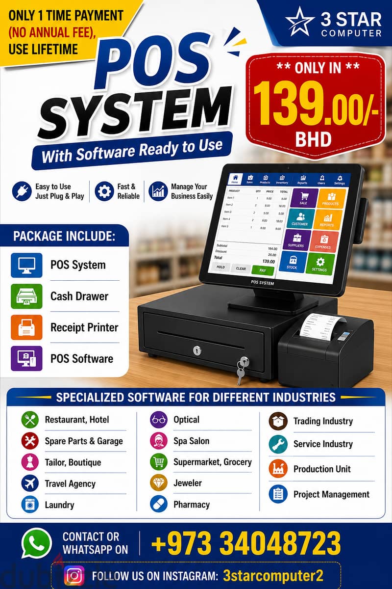 POS System With POS Software Cash Drawer,Receipt Printer 1 TimePayment 1