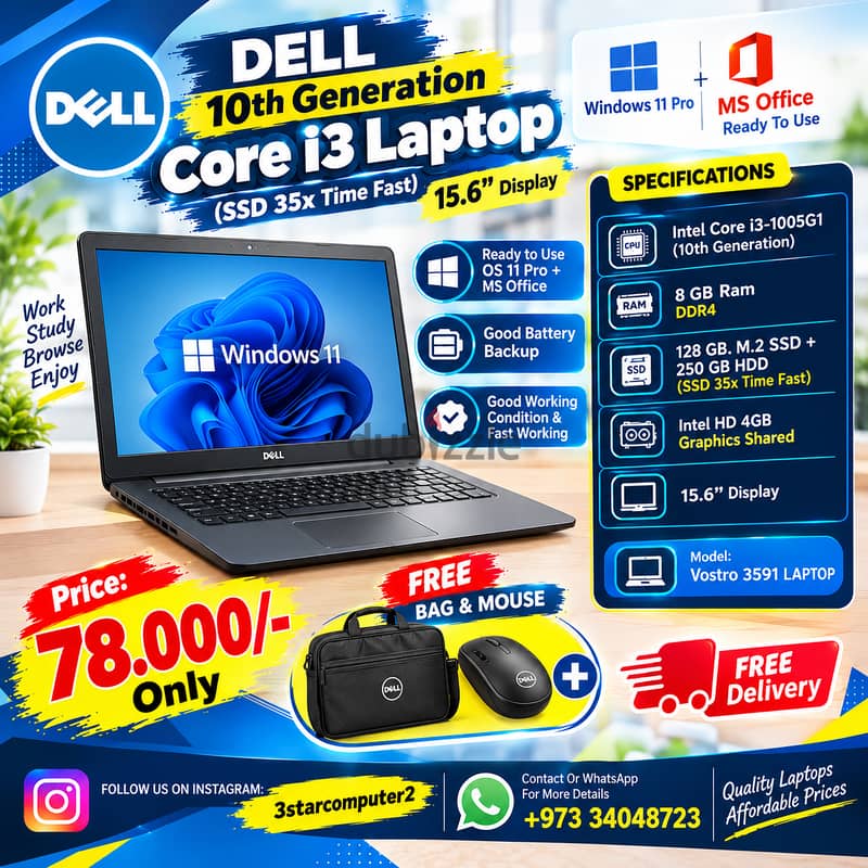 DELL 10th Gen Core i3 Laptop (SSD 35x Time Fast) 15.6" Display 1