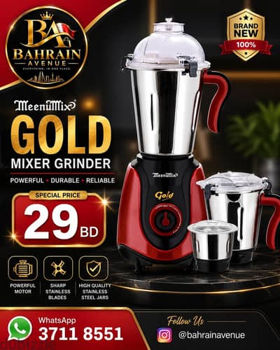 Brand New Meenumix Gold Mixer Grinder 750W – 3 Stainless Steel Jars