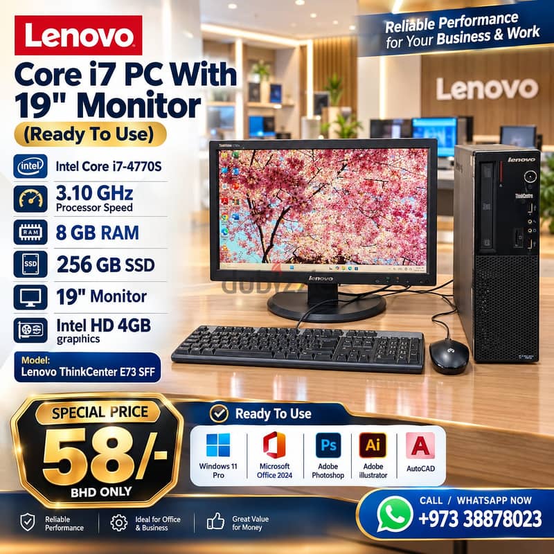 Lenovo Core i7 3.10Ghz 8GB RAM 256GB SSD 19" Monitor OS 11 Pro & Offic 1