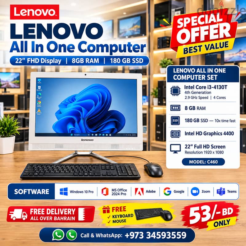 LENOVO All In One Computer Set 22" Full HD Display 8GB RAM + 180GB SSD 2