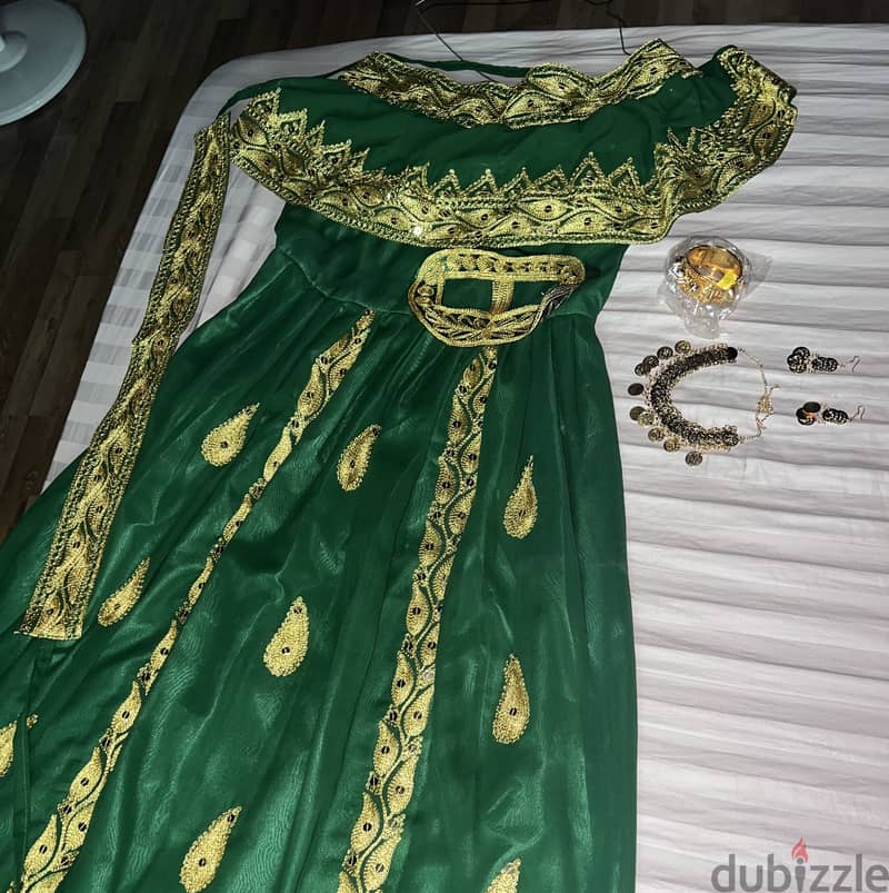 Arabic green & gold tailored Detailed party dress 1