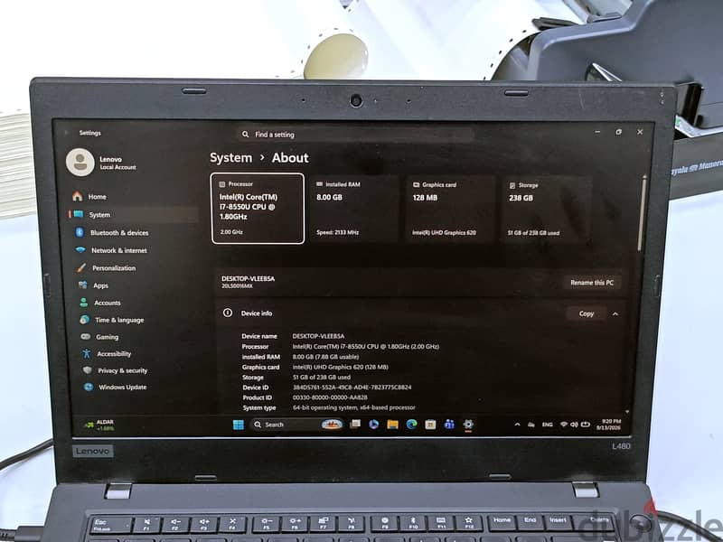 Lenovo Laptop i7 8th Gen 8GB RAM 256GB SSD 14" Full HD IPS Only BD 86 2