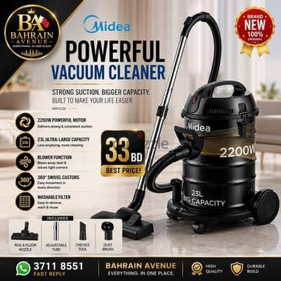 Midea 2200W 23L Powerful Drum Vacuum Cleaner - Brand New (33 BD)