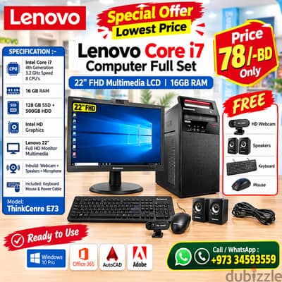 Lenovo Core i7 4th Gen Computer Set 16GB RAM Lenovo 22" Multimedia LCD