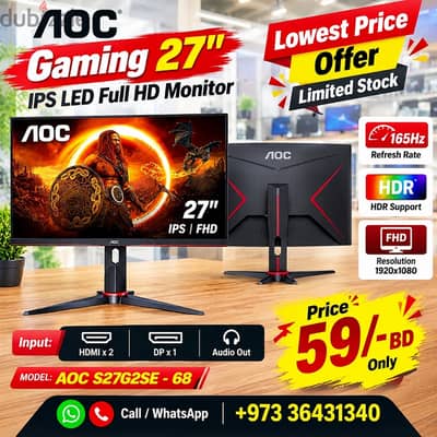 Special Offer AOC Gaming 27" IPS LED Monitor 165Hz - Very Good Working
