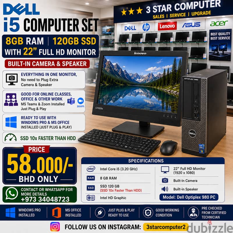 DELL i5 Computer 8GB Ram (SSD 10x Fast)22" FHD Monitor Camera,Speaker 1