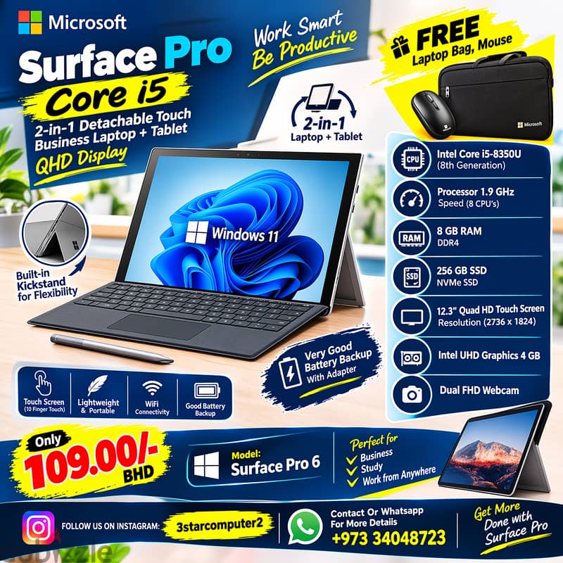 Surface Pro Core i5 2in1 Detachable Touch Laptop + Tablet QHD Display 1