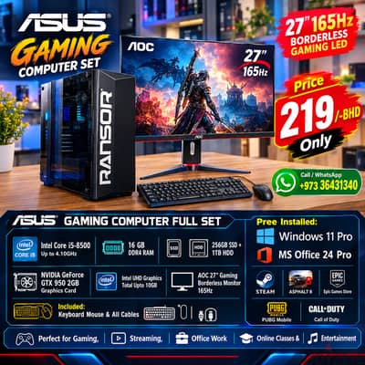 ASUS Gaming Core i5 8th Gen Computer Set 27" 165Hz Borderless Monitor