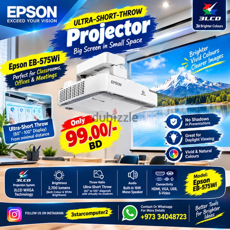 Epson Projector 2,700 Lumens Bright Images,even In Daylight Upto 100" 2