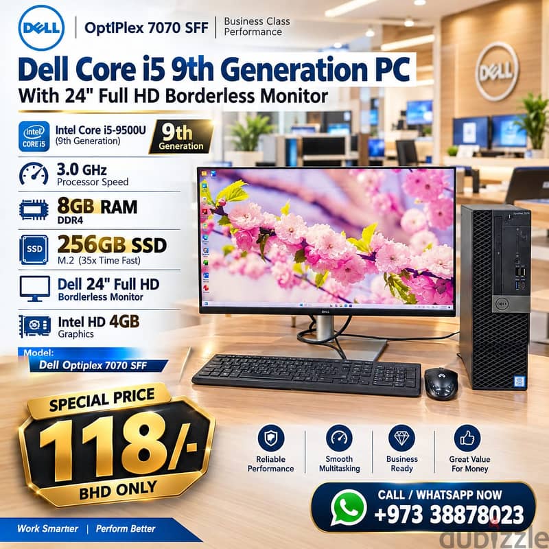 Dell Core i5 9th Gen PC RAM 8GB SSD 256GB M. 2 35x Fast 24" FHD Borderl 1