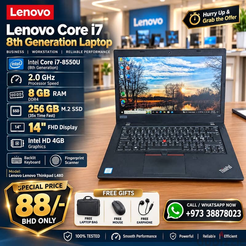 ThinkPad Core i7 8th Gen Laptop 8GB RAM 256GB M. 2 SSD 14" FHD Display 1