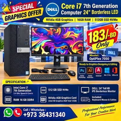 DELL i7 7th Gen Computer 24" Borderless LED NVidia 4GB GPU 16GB+512GB