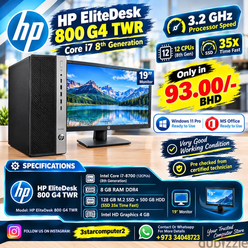 HP Core I7 8th Gen PC 3.2GHz (12CPUs) RAM 8GB SSD 35x Fast 19" Monitor 1